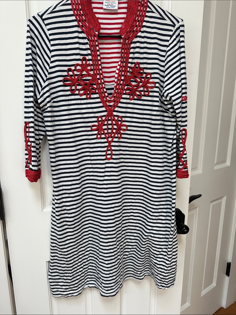 Gretchen Scott Designs Black & White Striped Midi Dress with Red Embroidery
